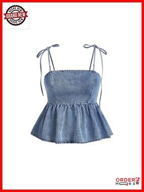 Plus Size Denim Cami Top Tie Shoulder Smocked Babydoll Peplum Crop